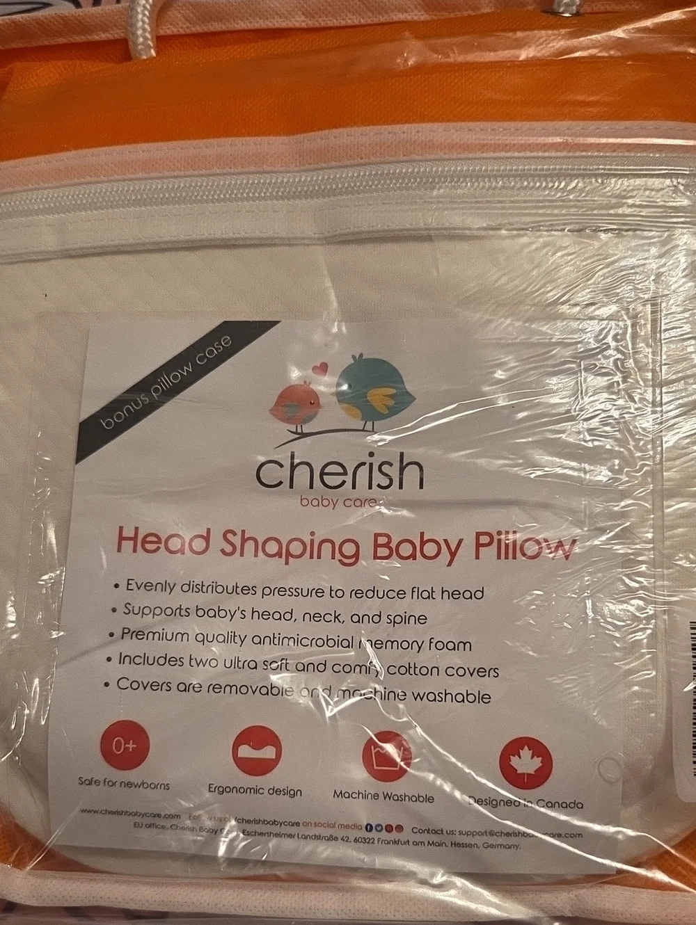 Cherish Baby Pillow with Orange and White Accents